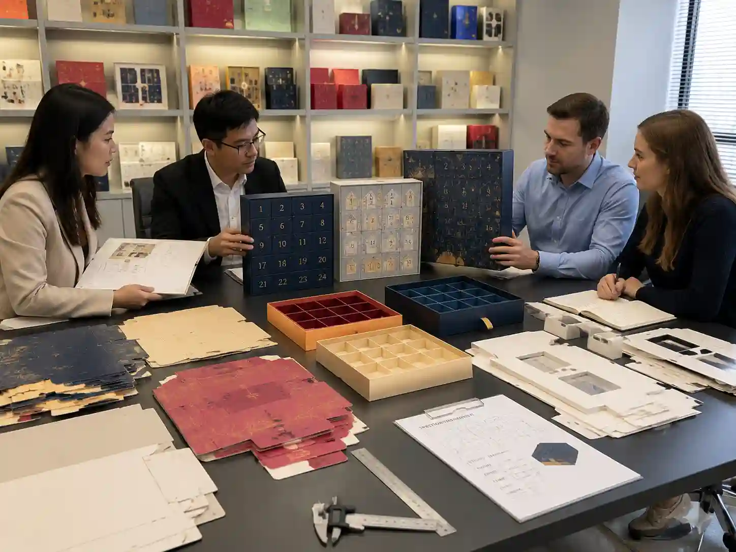B2B buyers comparing flat packed advent calendar box structures and assembled samples