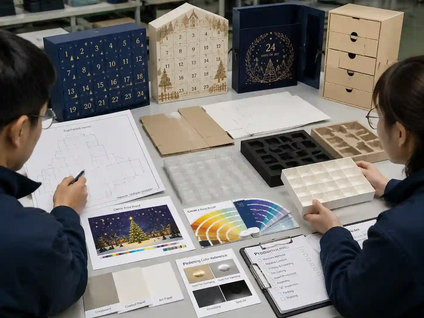 Packaging engineers testing materials and prototypes for flat packed advent calendar boxes