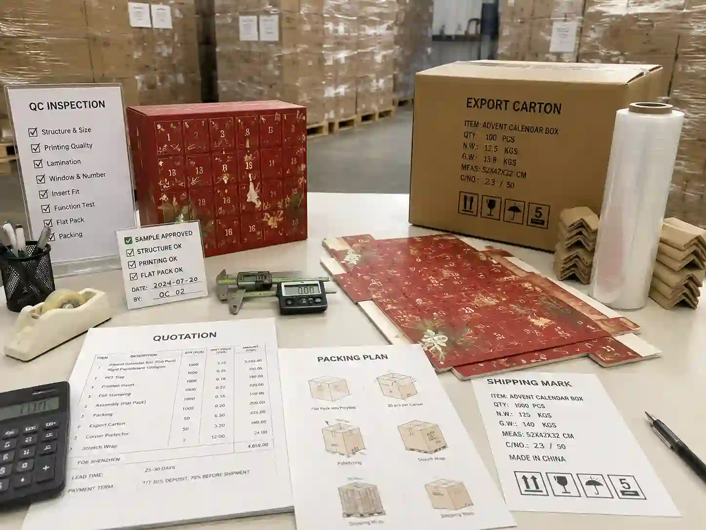 QC and export packing preparation for flat packed advent calendar boxes