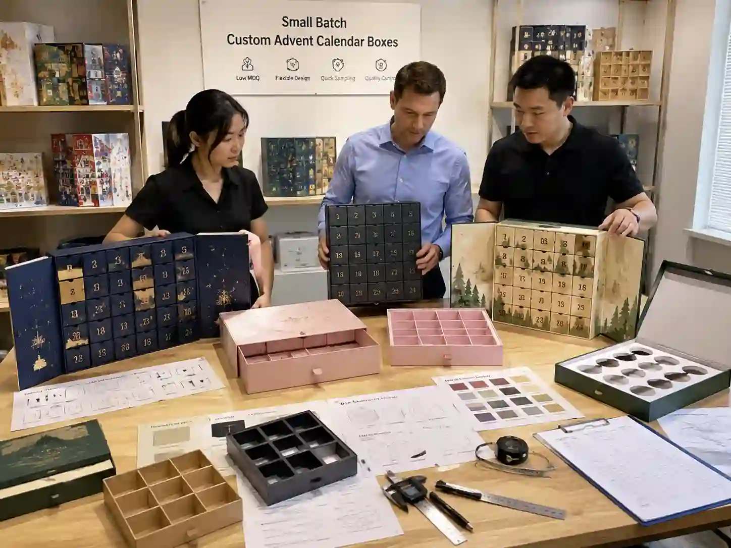 Small batch custom advent calendar box prototypes comparison in a B2B packaging showroom