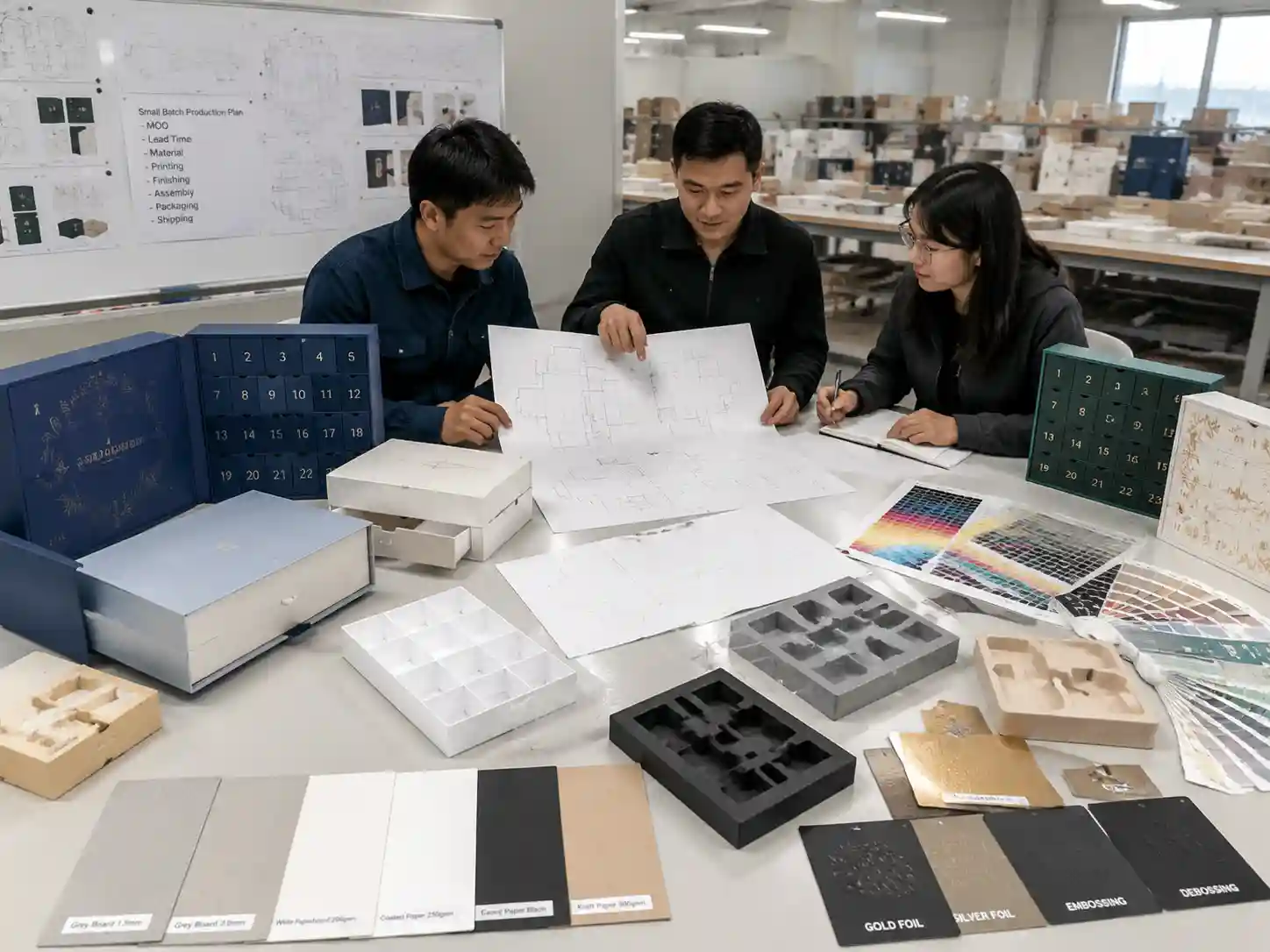 Packaging engineers reviewing materials and prototypes for small batch advent calendar boxes