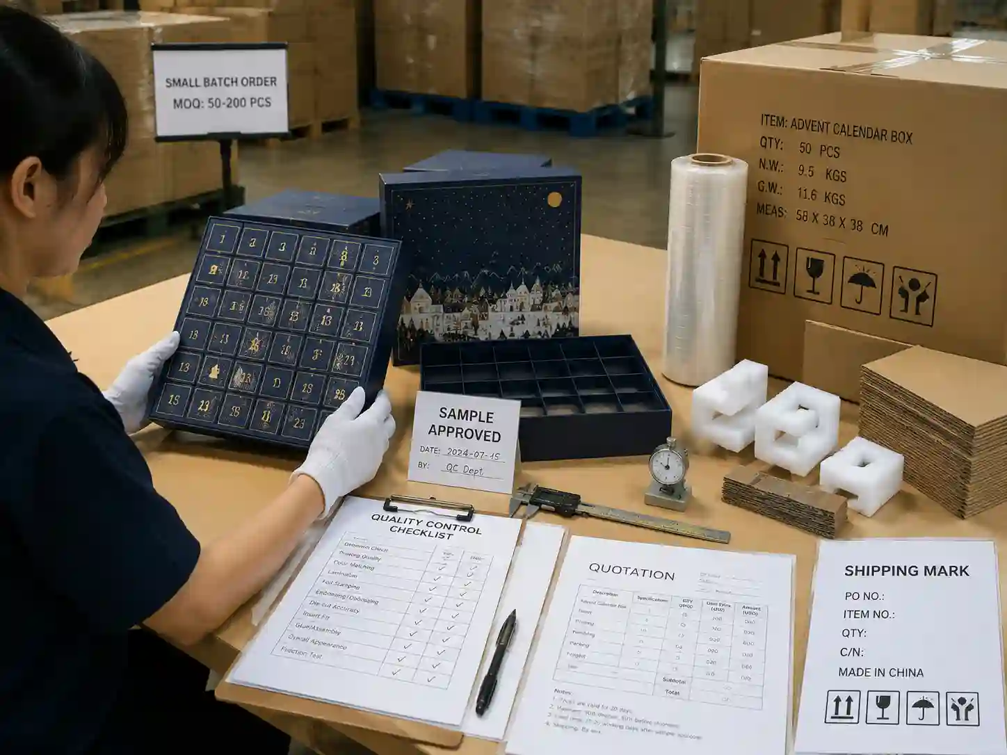 QC inspection and export packing preparation for small batch advent calendar boxes