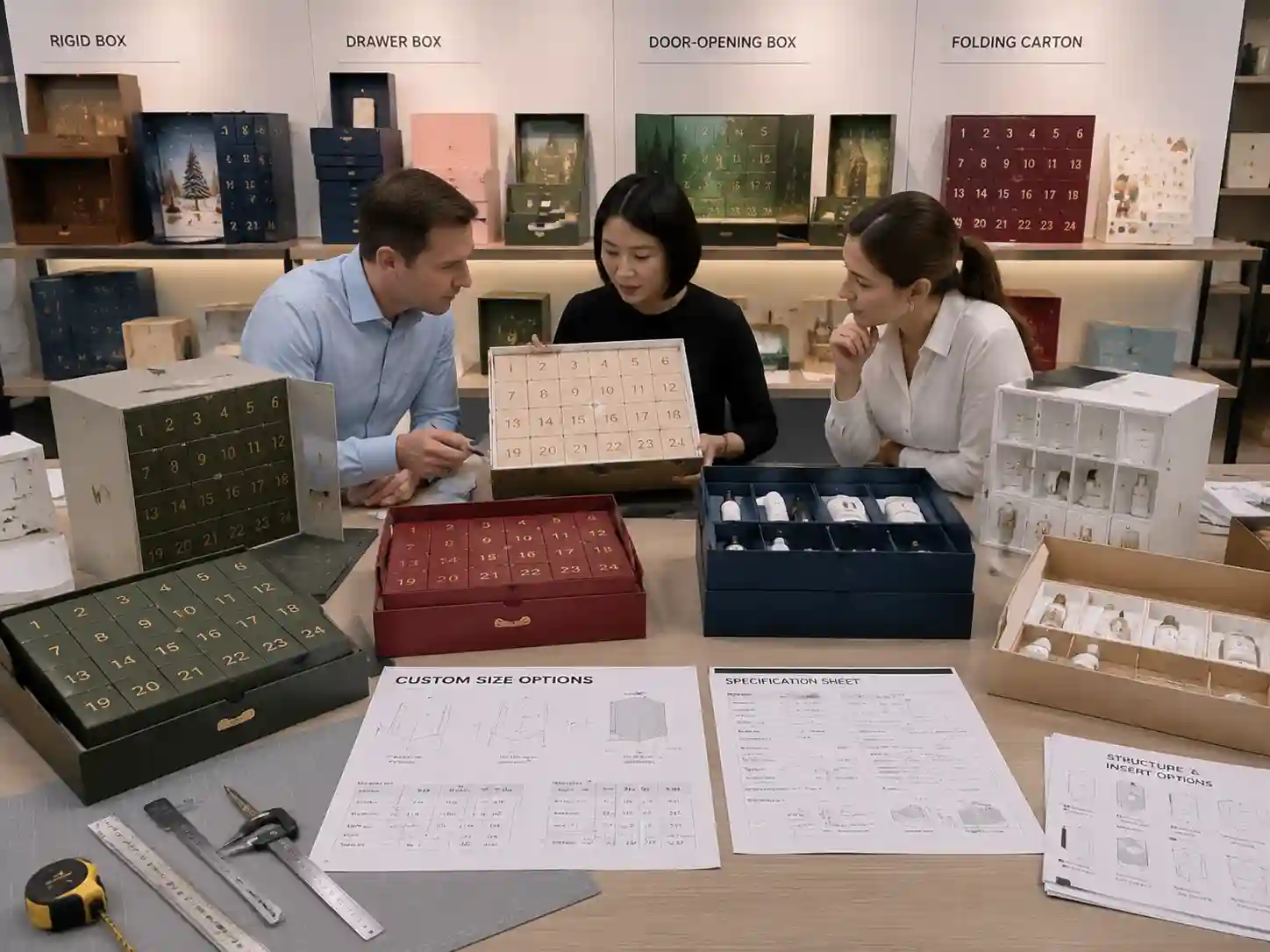 B2B buyers comparing custom size advent calendar box structures and compartment layouts.