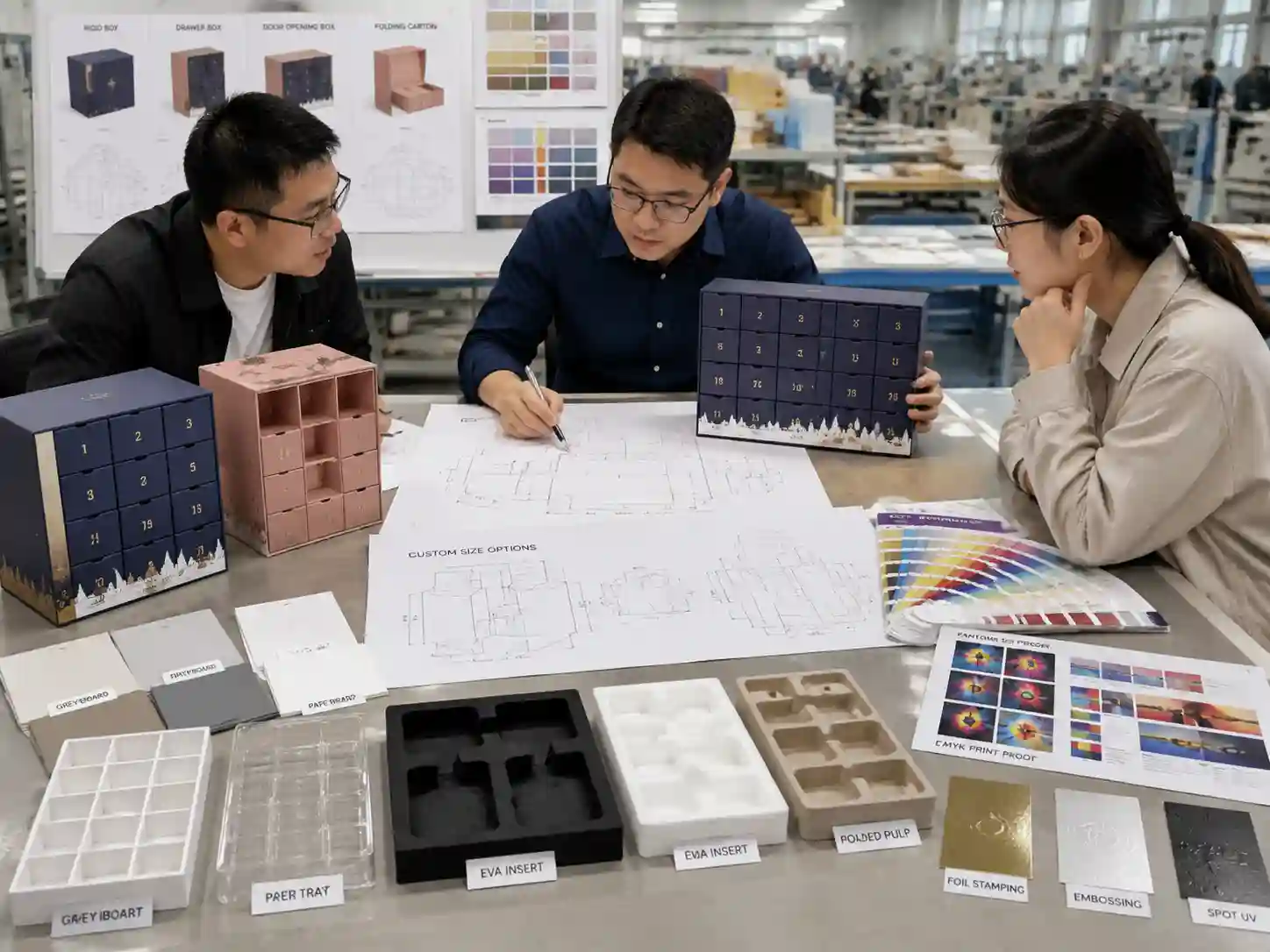 Packaging engineers developing custom size advent calendar boxes with dielines and insert samples.