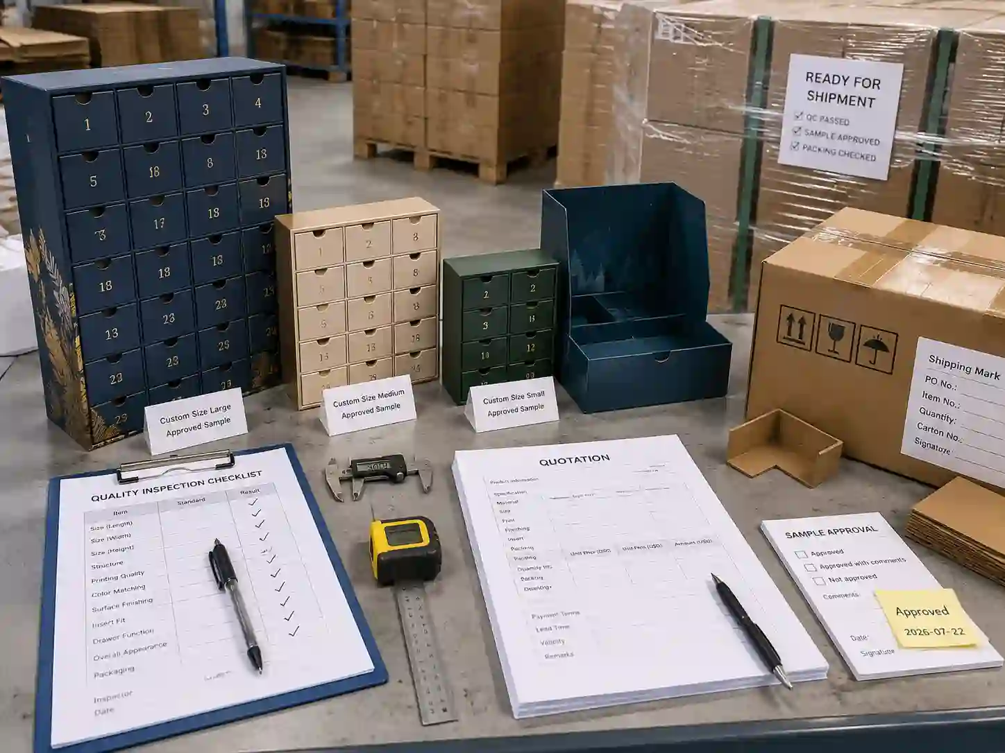 Quality control and export packing preparation for custom size advent calendar boxes.