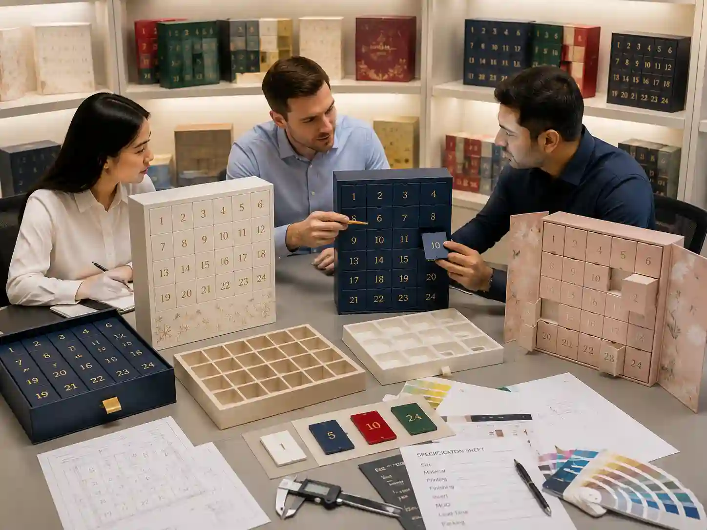 Custom numbered doors advent calendar box prototypes with different opening structures for B2B packaging buyers