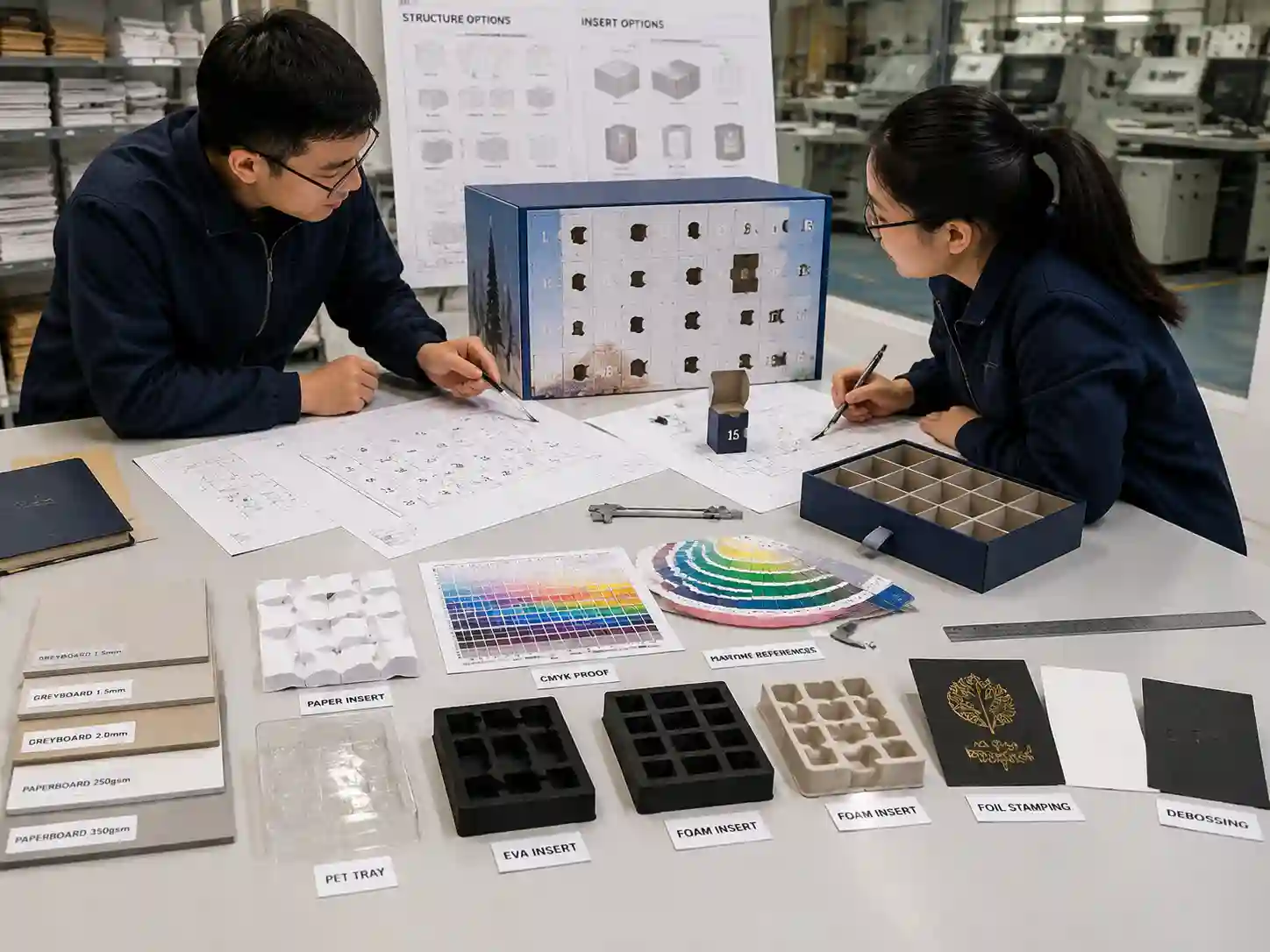 Factory engineers developing custom numbered door advent calendar box structure and materials