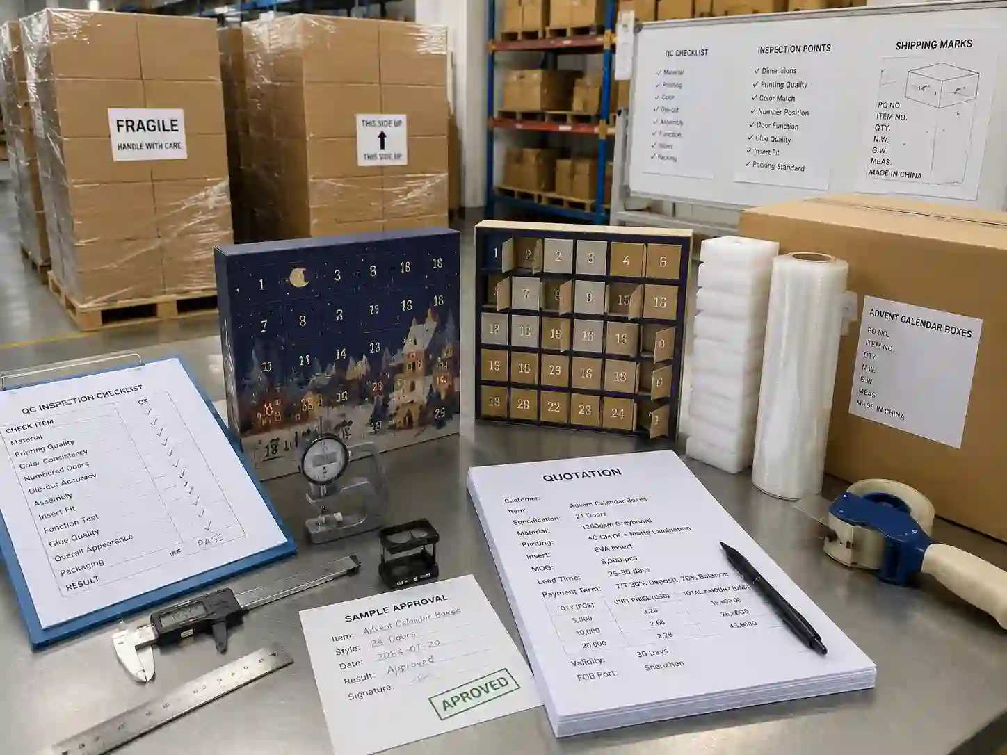 QC inspection and export packing preparation for custom numbered door advent calendar boxes