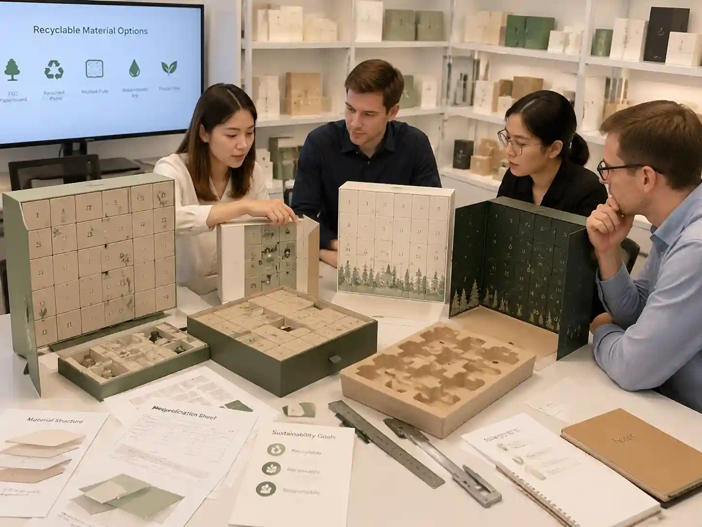 B2B buyers comparing recyclable advent calendar box structures and sustainable packaging samples