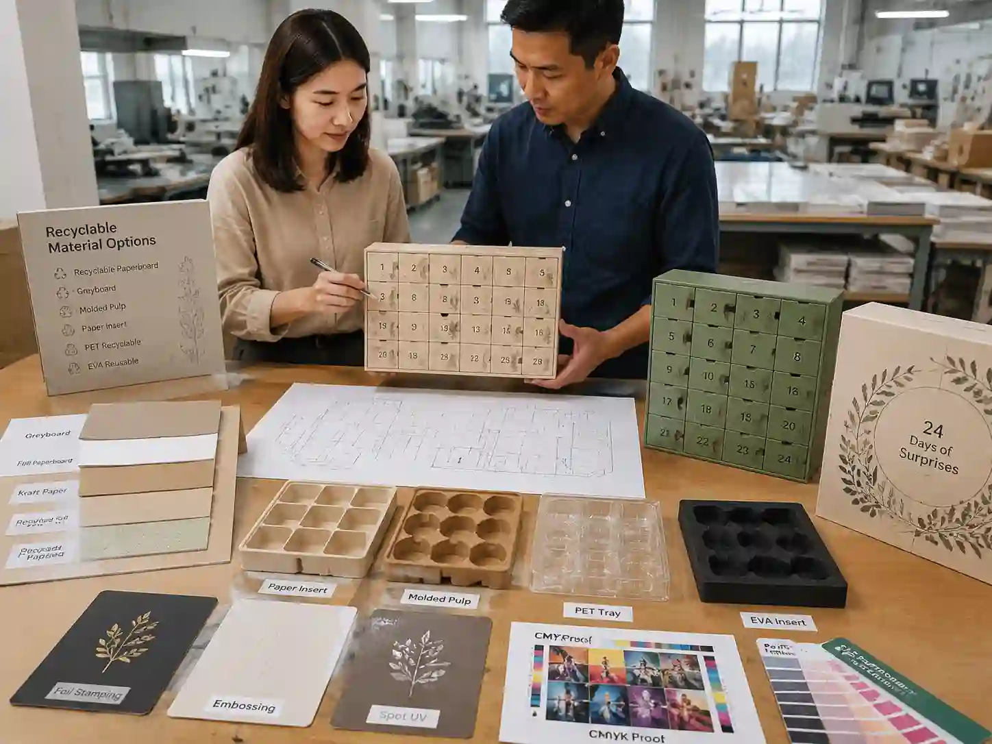 Packaging engineers developing recyclable advent calendar box materials and inserts