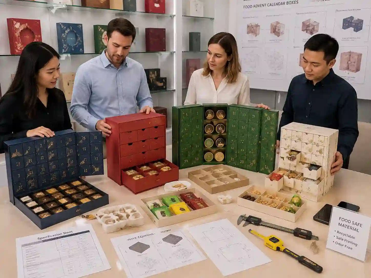 B2B comparison of custom advent calendar boxes designed for food packaging with different structures and inserts.