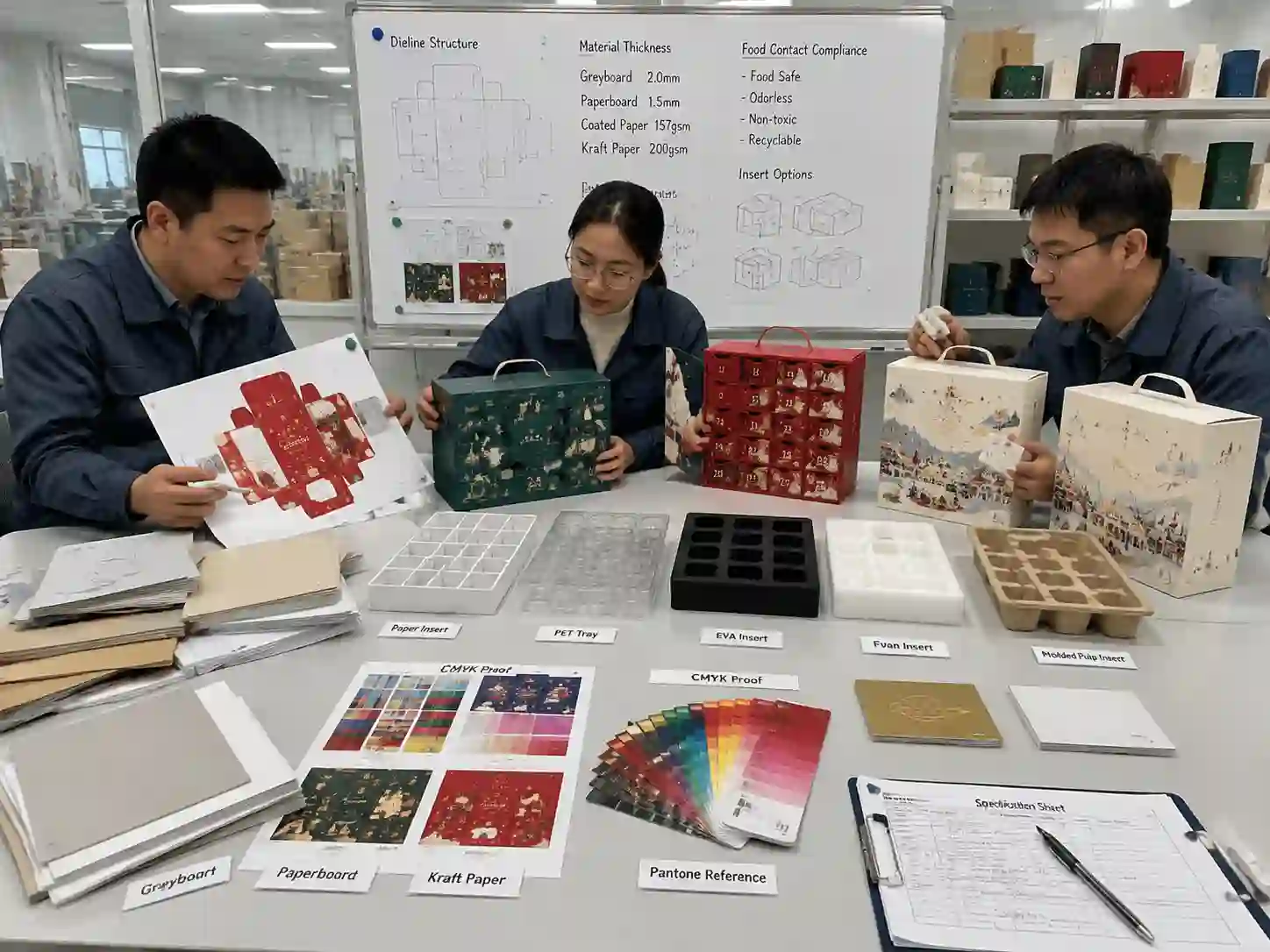 Packaging engineers reviewing materials, inserts, dielines, and printing samples for food advent calendar boxes.