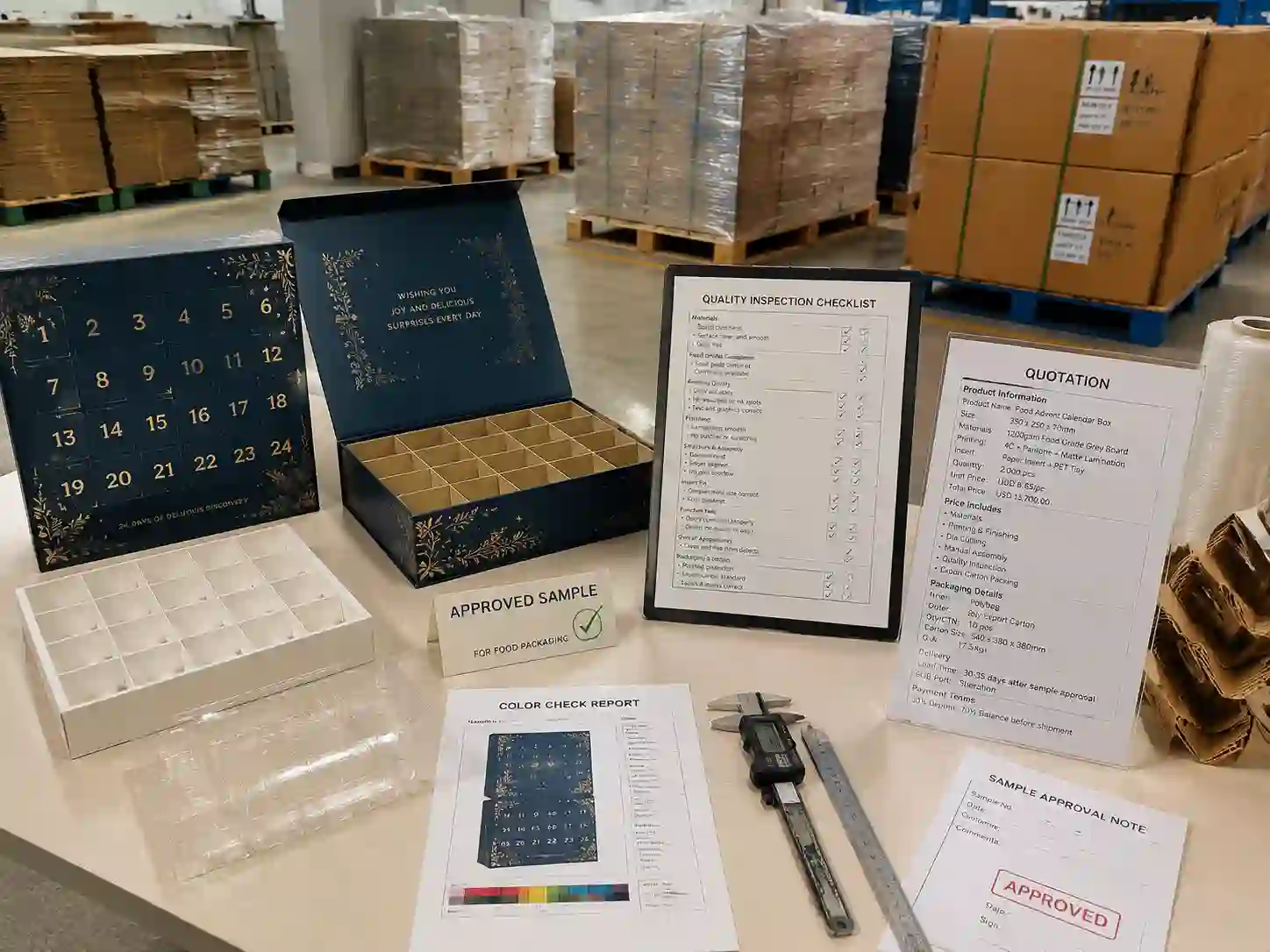 Quality control and export packing preparation for custom food advent calendar box production.