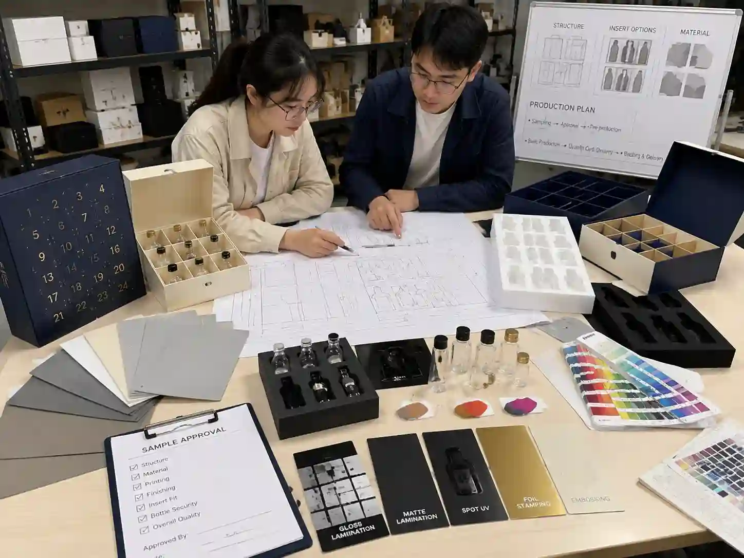 Packaging engineers testing inserts and prototypes for advent calendar boxes designed for glass bottles