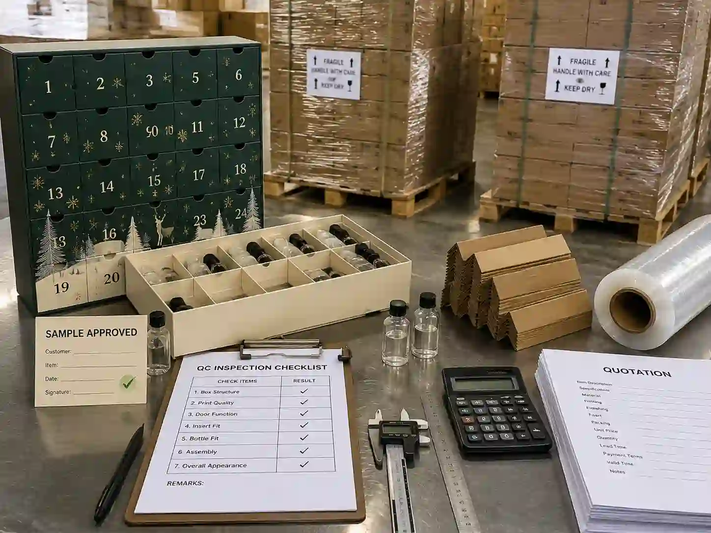 Quality control and export packing inspection for advent calendar boxes holding glass bottles