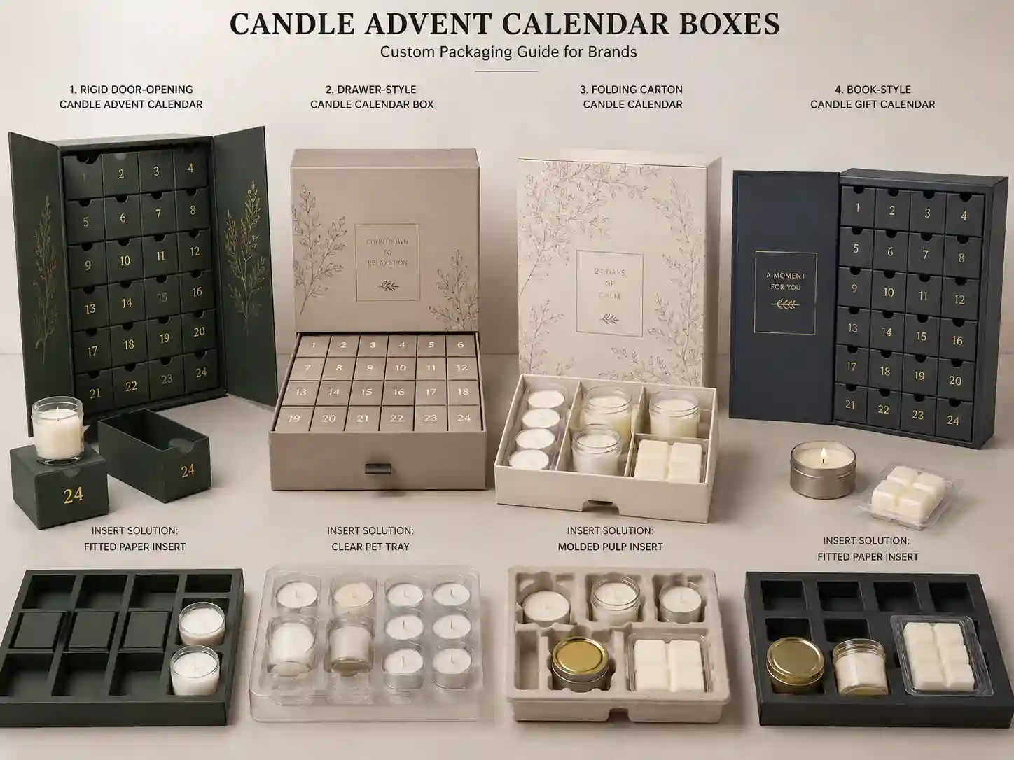 Finished sample comparison of custom candle advent calendar boxes with candle jars, tins, tealights, wax melts, and different insert structures