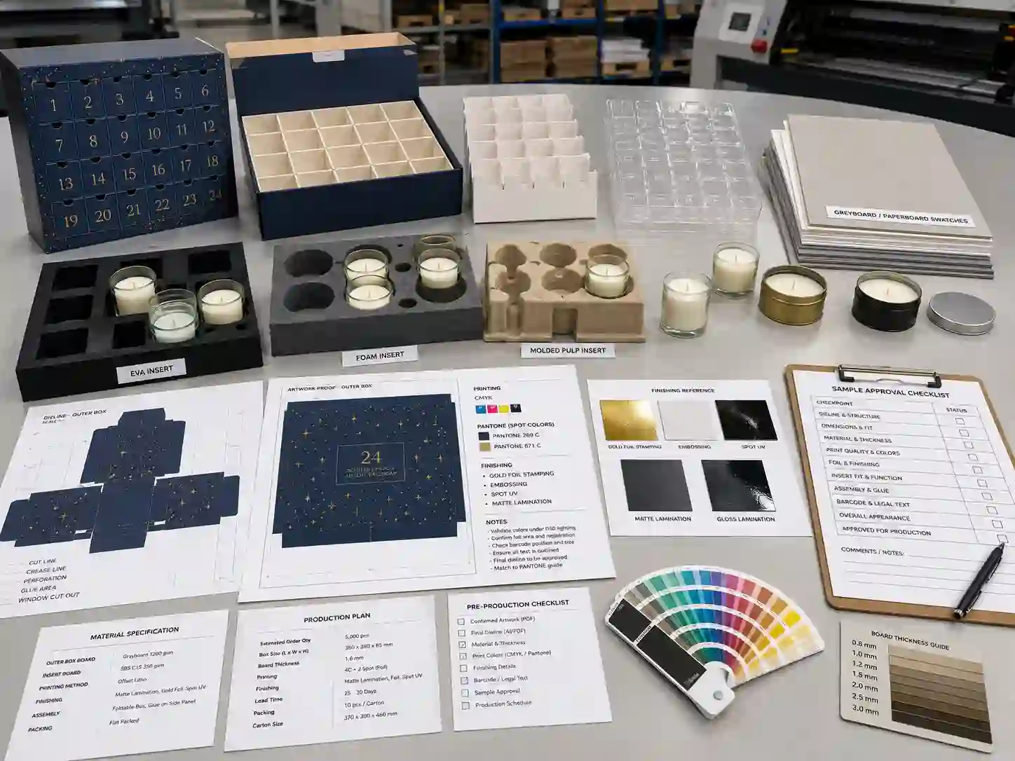 Factory planning table for custom candle advent calendar boxes with dielines, material swatches, insert samples, candle fit testing, and artwork proof