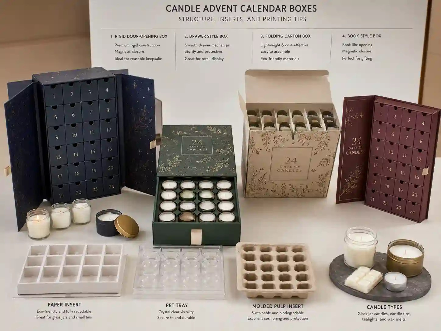 Finished candle advent calendar box samples showing rigid, drawer, folding carton, book-style structures and fitted inserts for jars, tins, tealights, and wax melts.