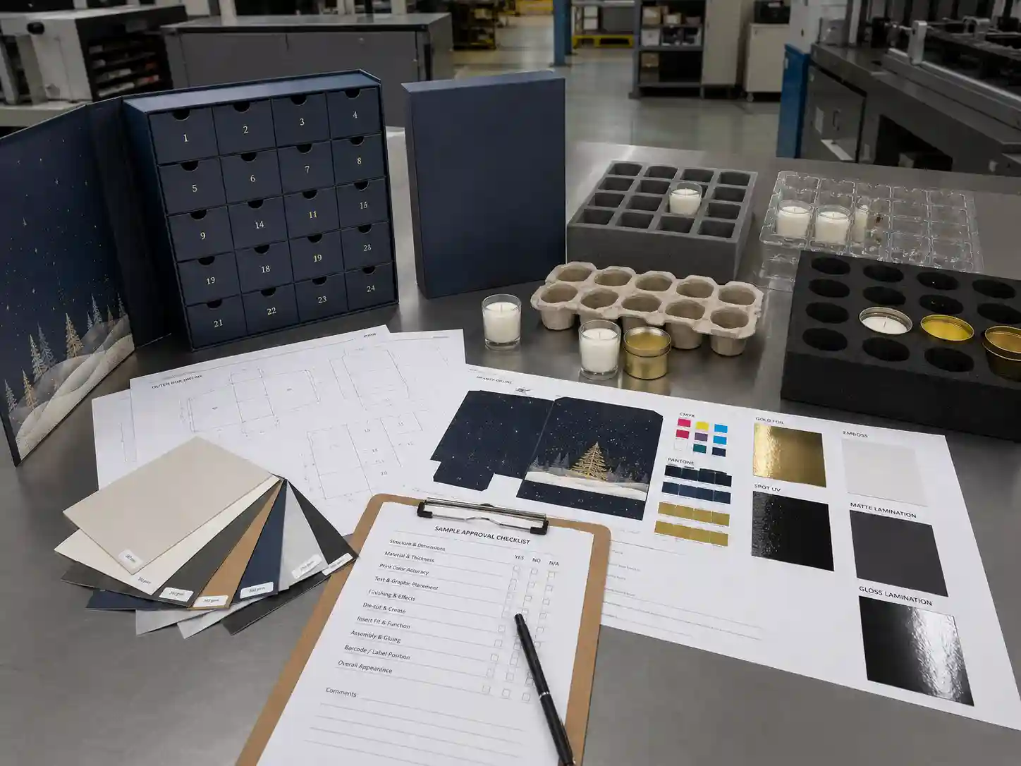 Candle advent calendar packaging development table with dielines, material swatches, insert samples, artwork proof, and sample approval checklist.