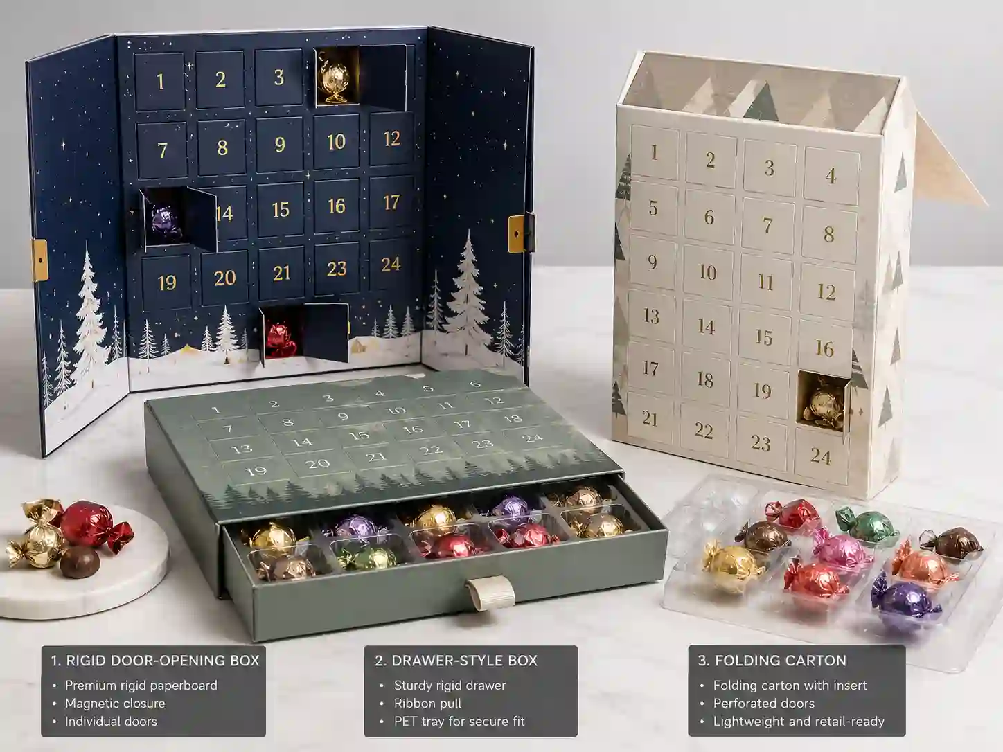 Candy advent calendar boxes with rigid, drawer, and folding carton structures for B2B packaging comparison