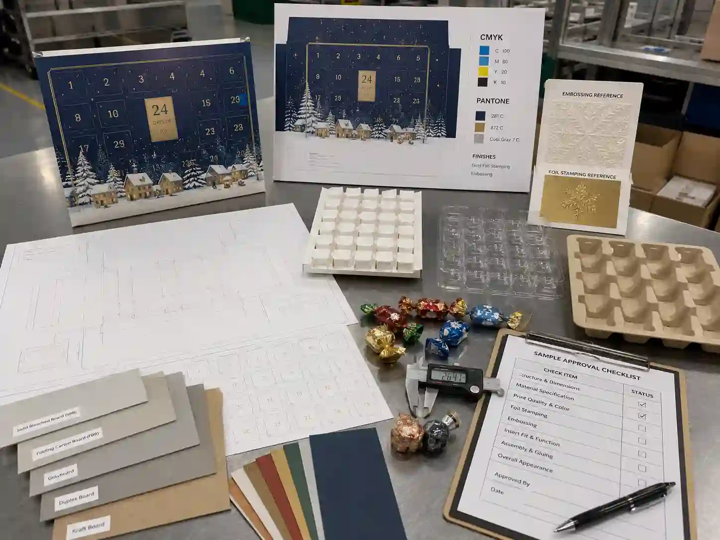Candy advent calendar box development table with dielines, insert samples, material swatches, and artwork proof