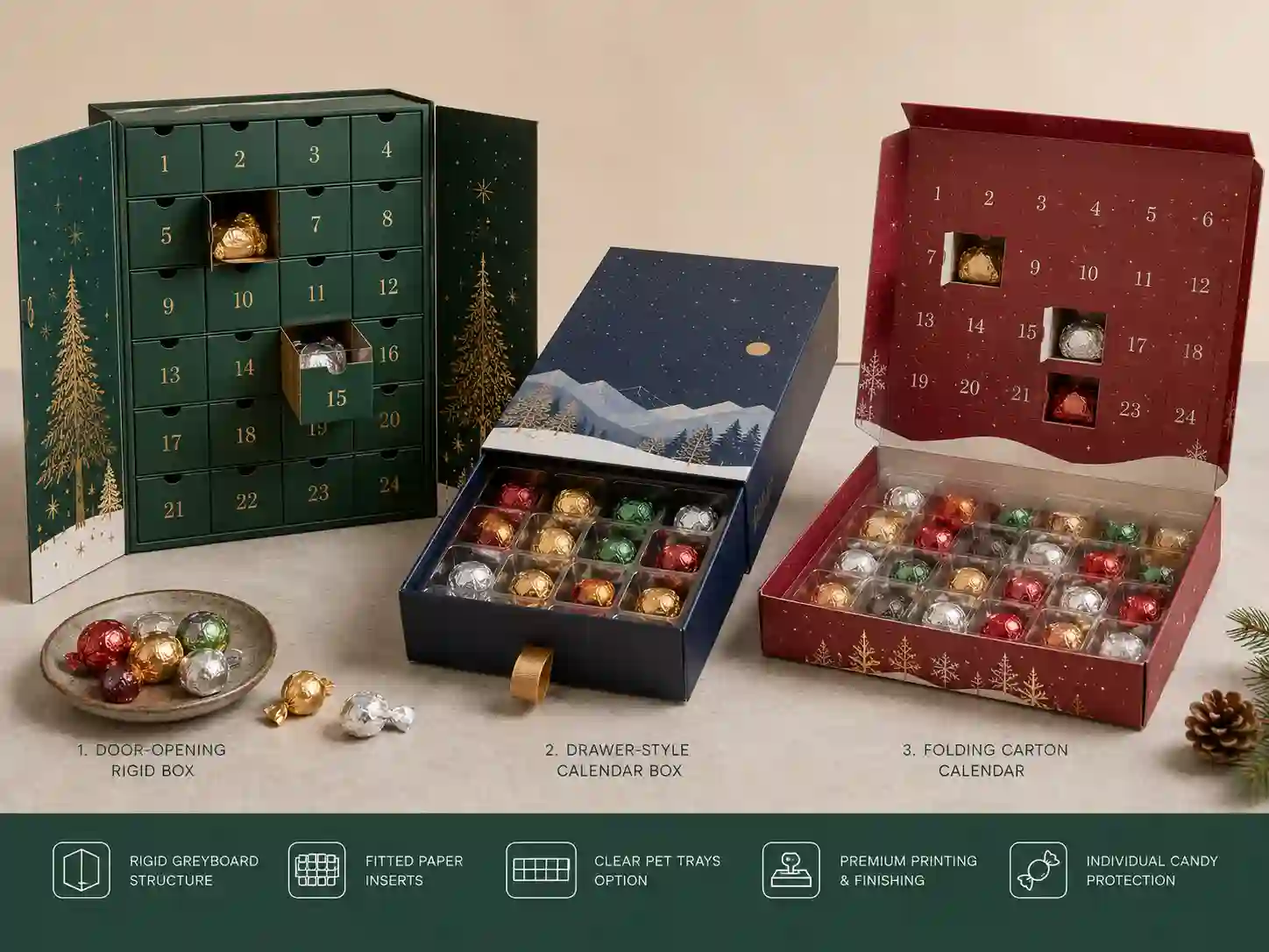 Finished candy advent calendar box samples showing rigid, drawer, and folding carton structures with fitted inserts