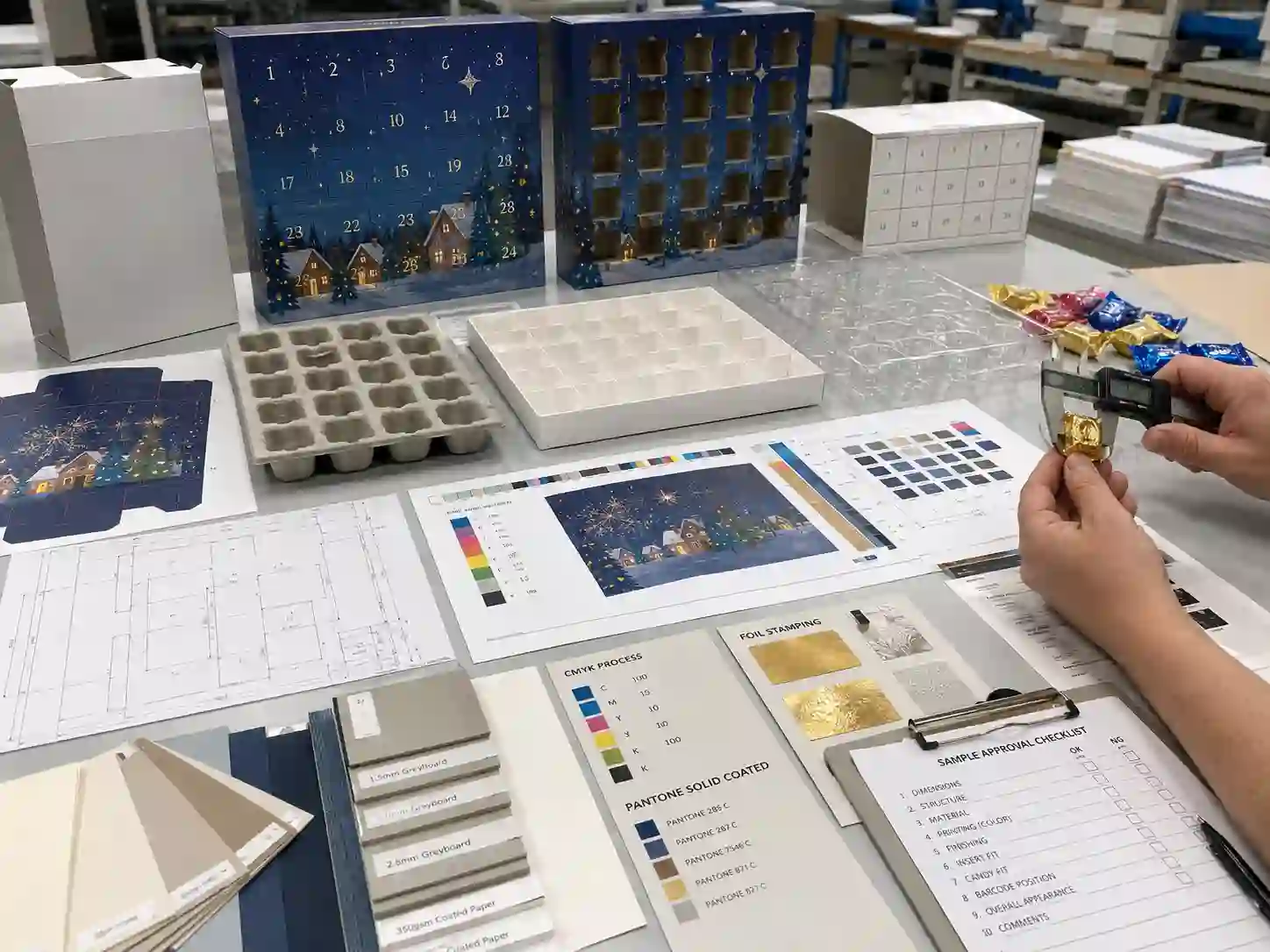 Factory planning table for candy advent calendar boxes with dielines, material swatches, insert samples, and artwork proof