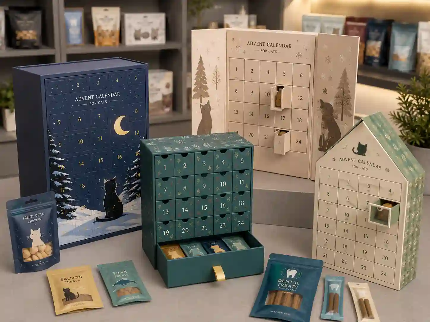 Finished sample comparison of custom cat treat advent calendar boxes with different structures and numbered compartments