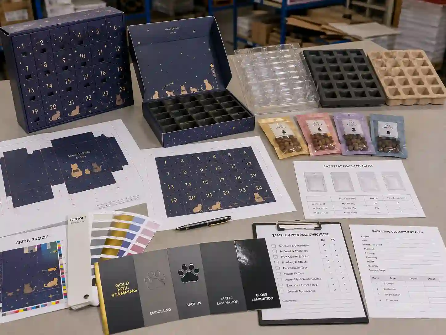 Factory planning table with dielines, material swatches, insert samples, and artwork proofs for cat treat advent calendar boxes