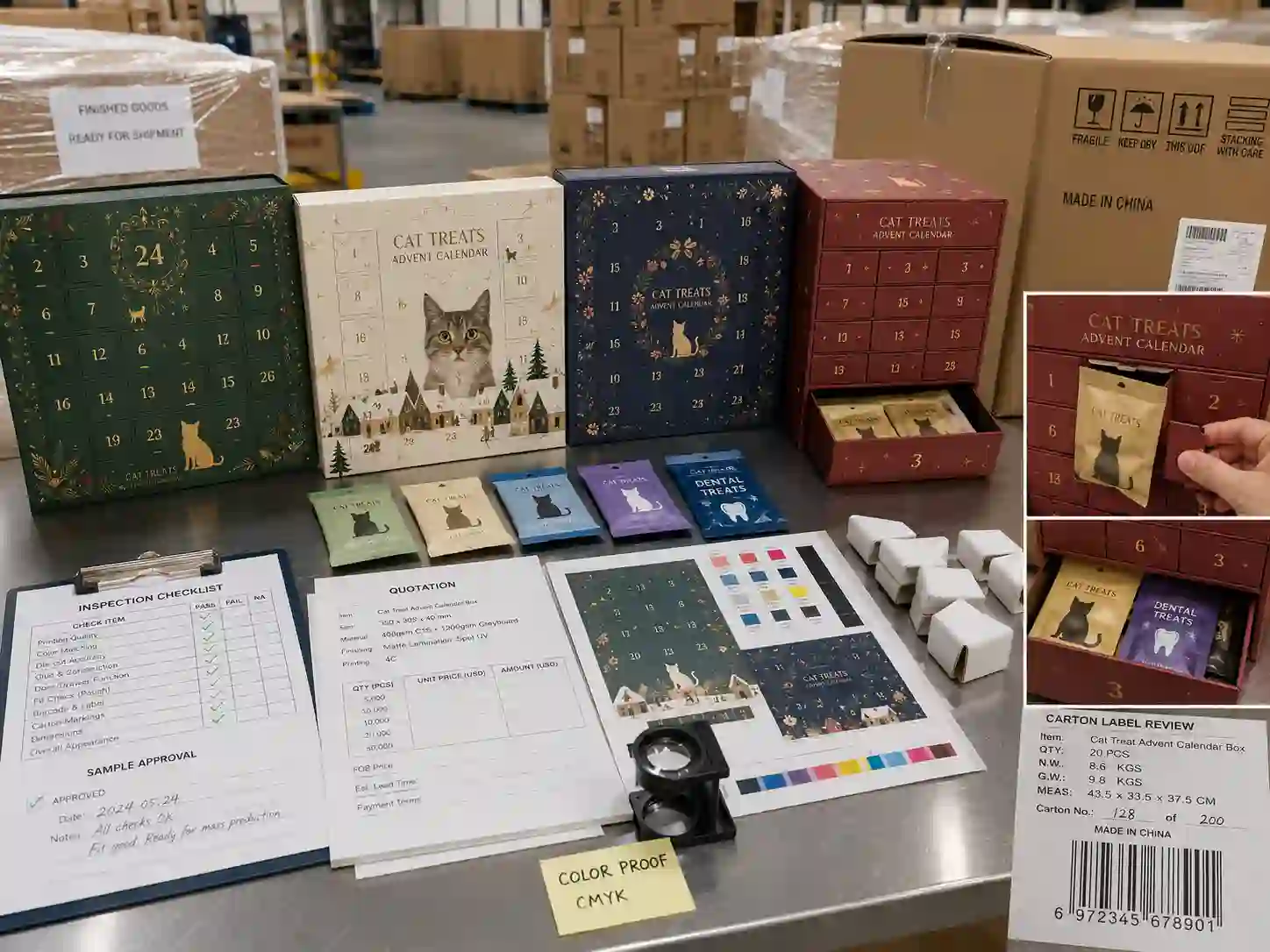 QC and export packing review for custom cat treat advent calendar boxes with cartons and inspection checklist