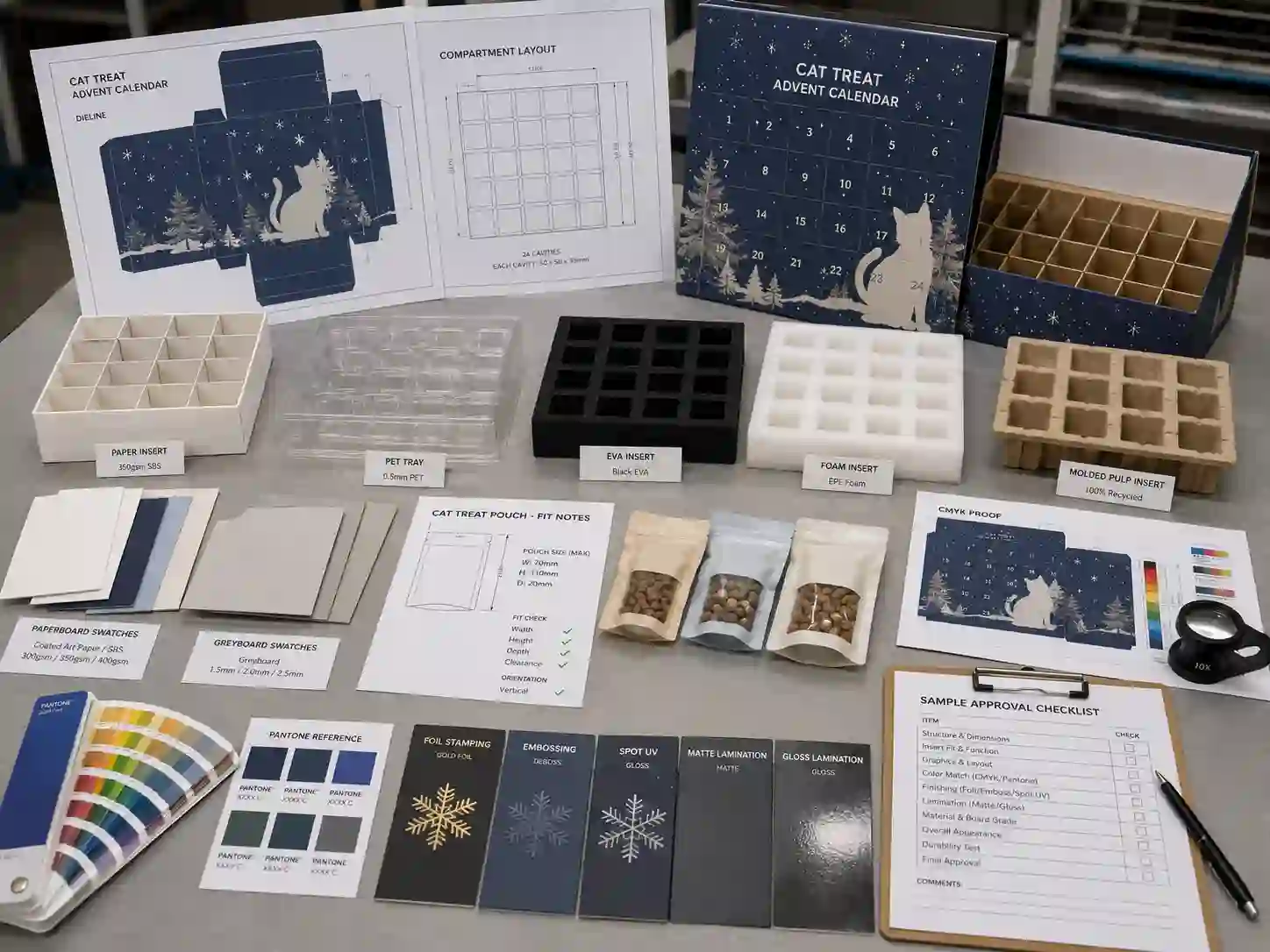 Factory planning table with dielines, material swatches, insert samples, artwork proofs, and fit notes for cat treat advent calendar boxes