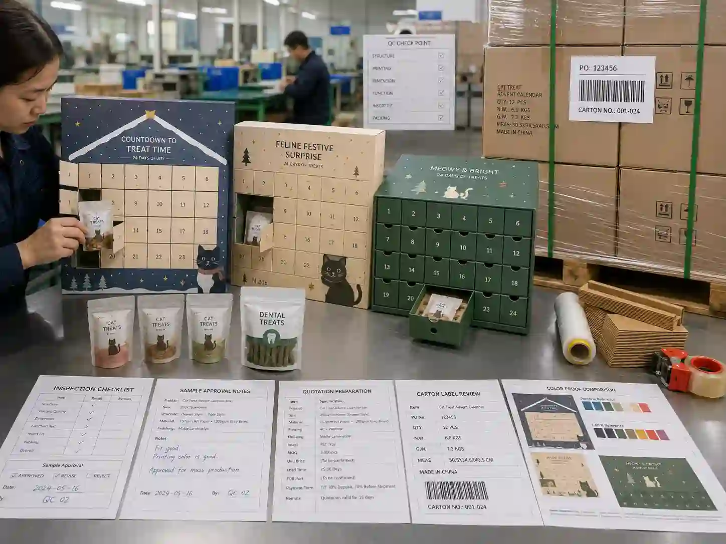 QC and export packing review for cat treat advent calendar boxes with inspection checklist, cartons, pallet wrap, and quotation documents