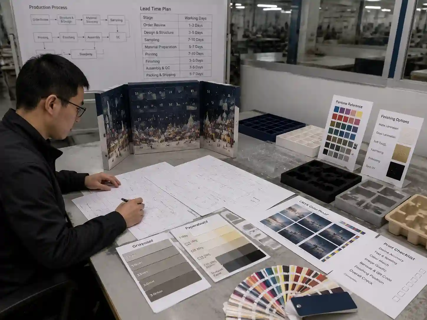 Packaging engineer reviewing advent calendar box materials artwork and prototype samples