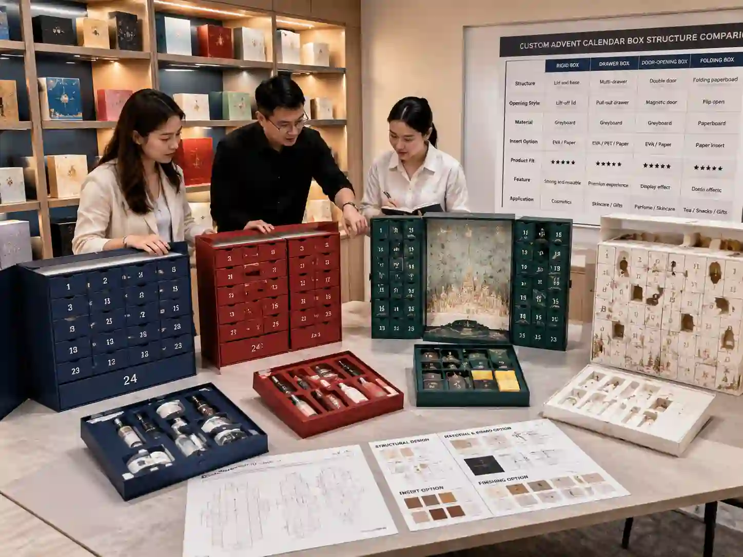 China advent calendar box manufacturer structure comparison with rigid, drawer, and folding packaging samples