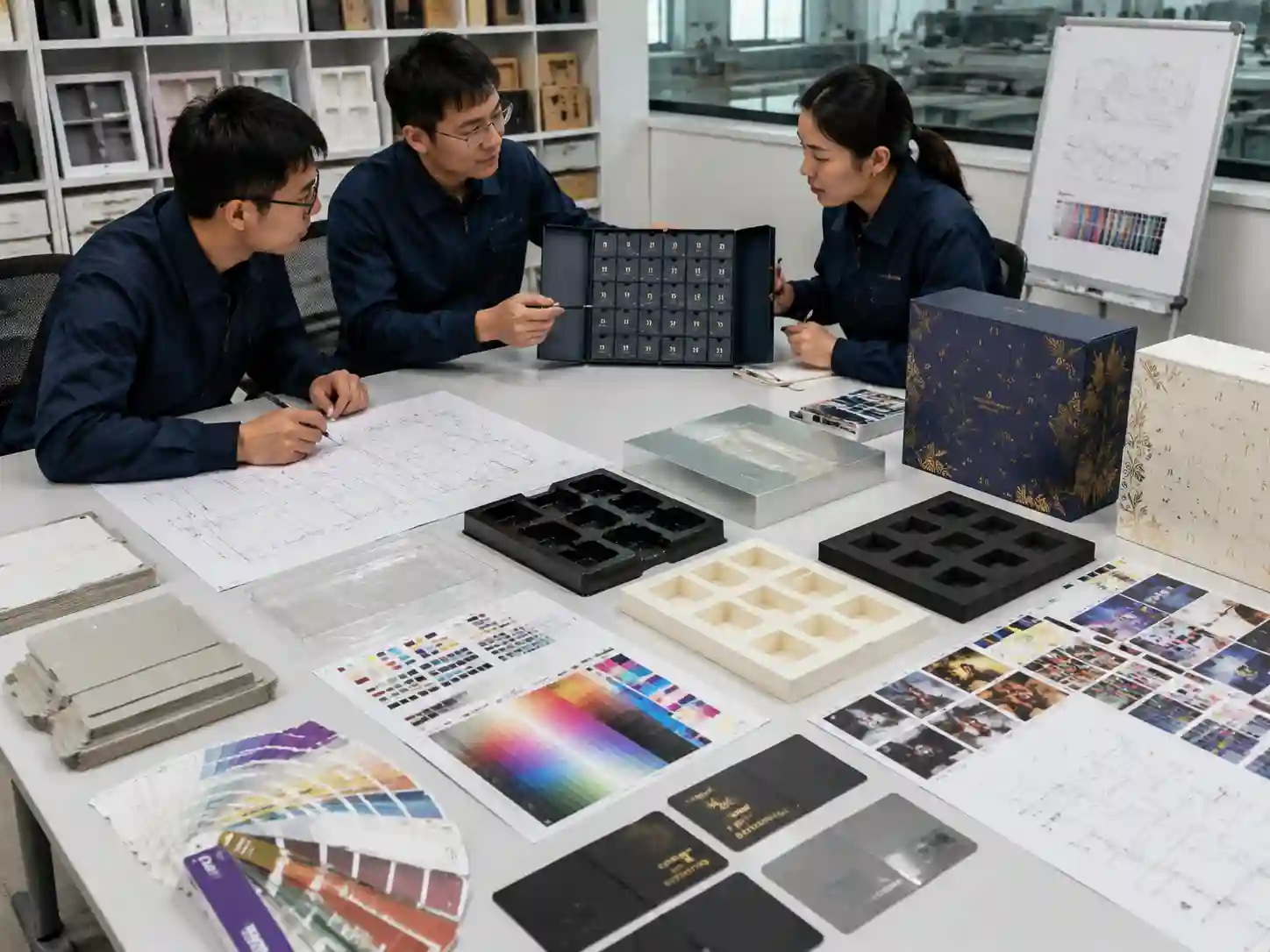 Packaging engineers reviewing advent calendar box prototype materials and sample development