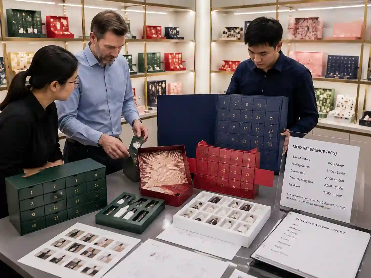 B2B buyers comparing custom advent calendar box structures and product-fit options for China MOQ sourcing.