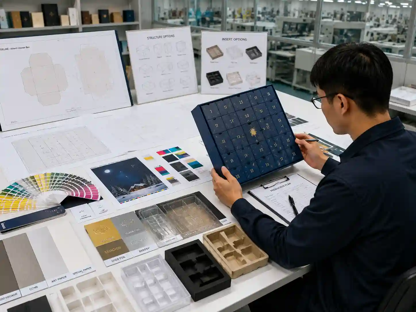 Packaging engineer reviewing advent calendar box materials, inserts, dielines, and prototype samples for MOQ planning.