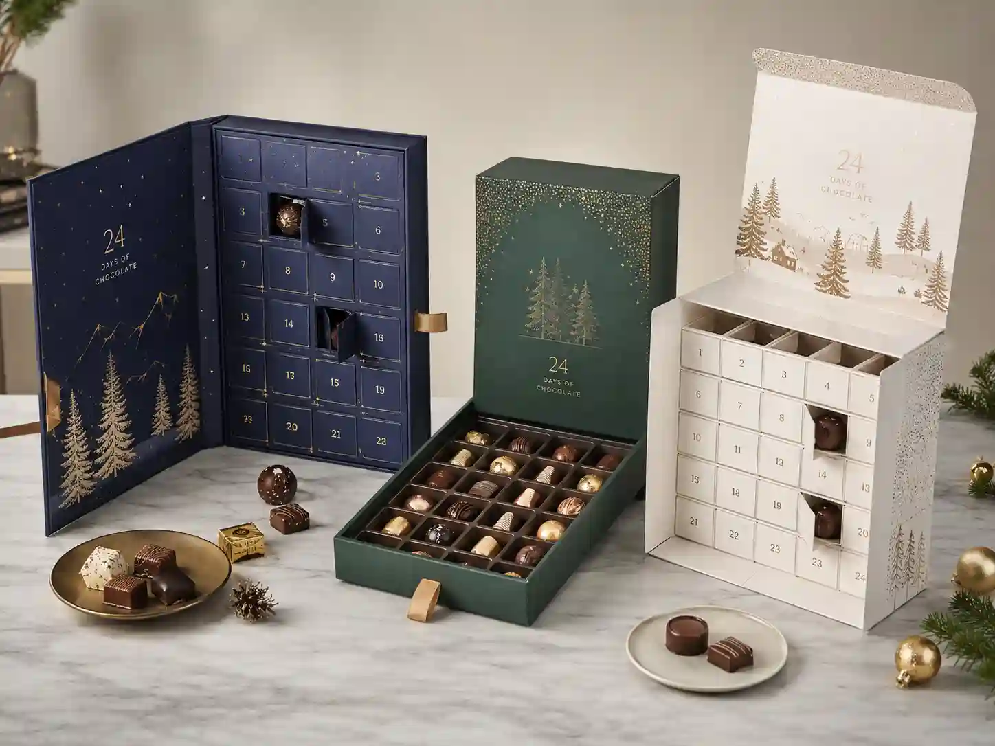 Finished chocolate advent calendar box samples with different structures and fitted inserts for B2B packaging comparison