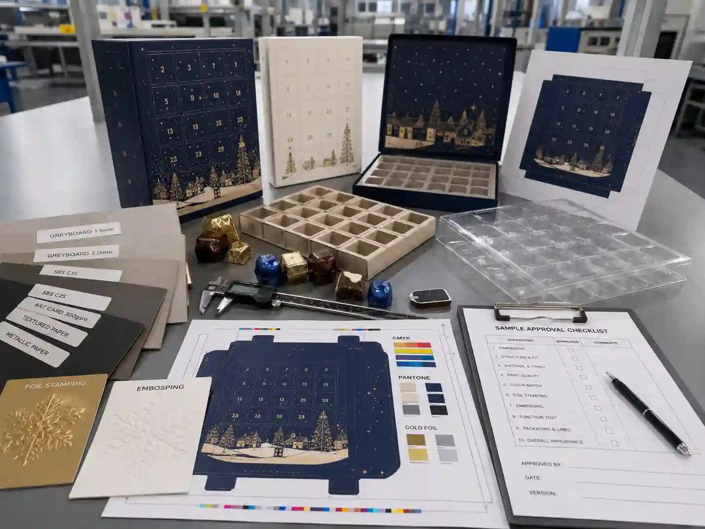 Factory development table for chocolate advent calendar box samples with dielines, material swatches, inserts, and artwork proofs