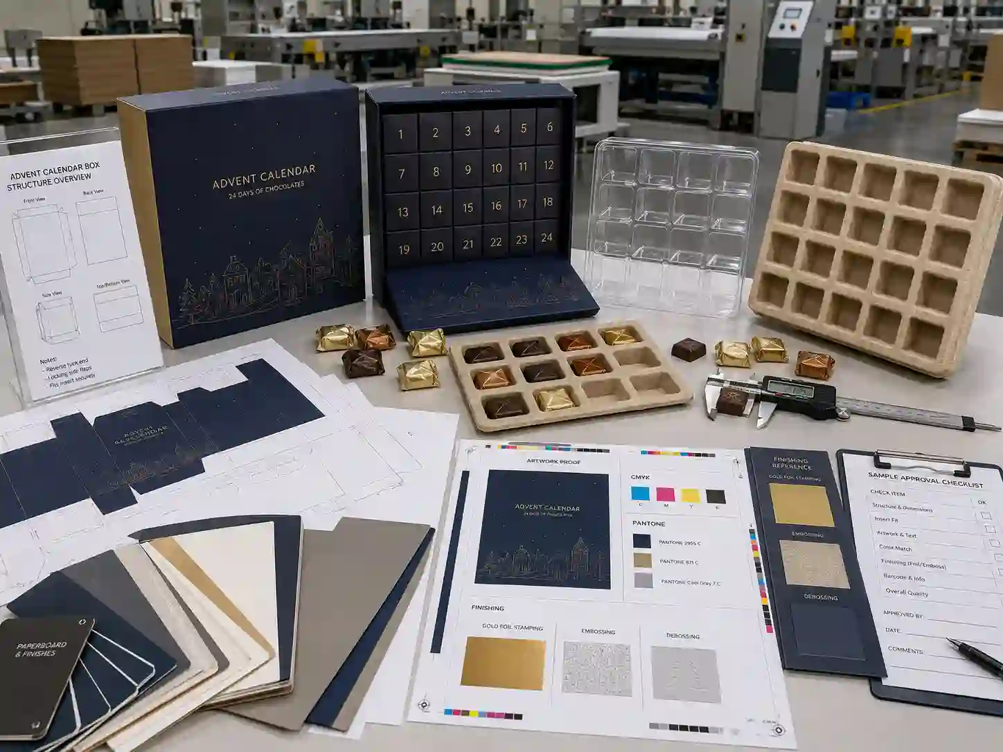 Chocolate advent calendar box development table with dielines, material swatches, inserts, and artwork proof