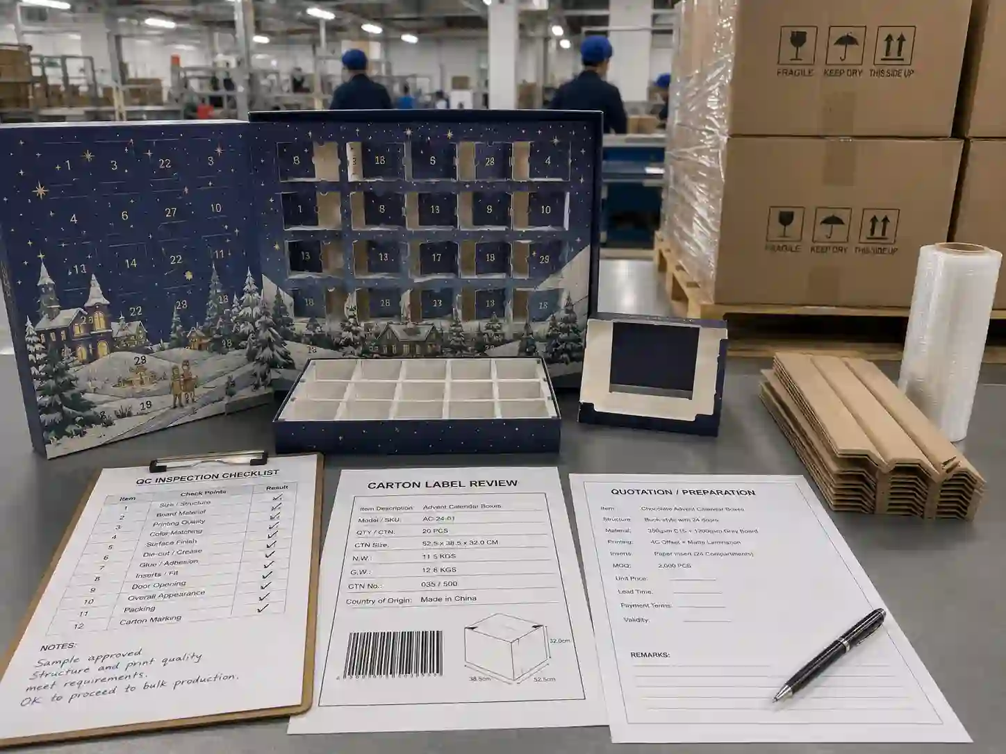 QC and export packing setup for chocolate advent calendar boxes with cartons, pallet wrap, and shipping marks