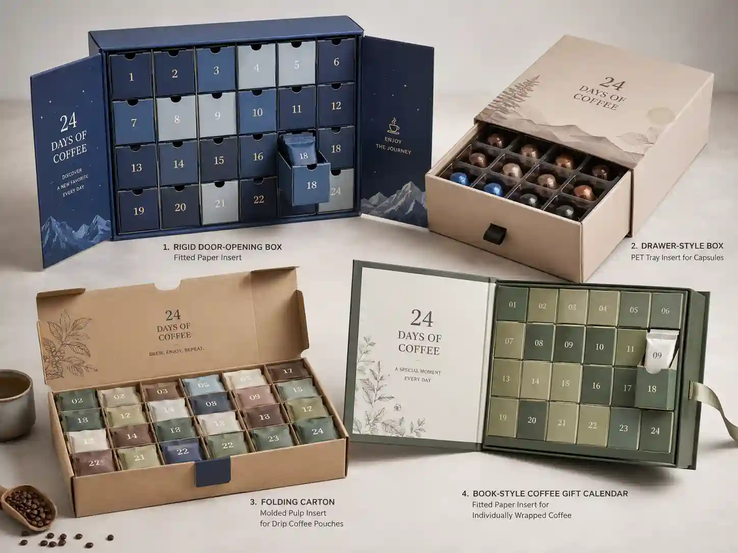 Finished coffee advent calendar box samples comparing rigid, drawer, folding carton, and book-style structures with sachets, capsules, and inserts.