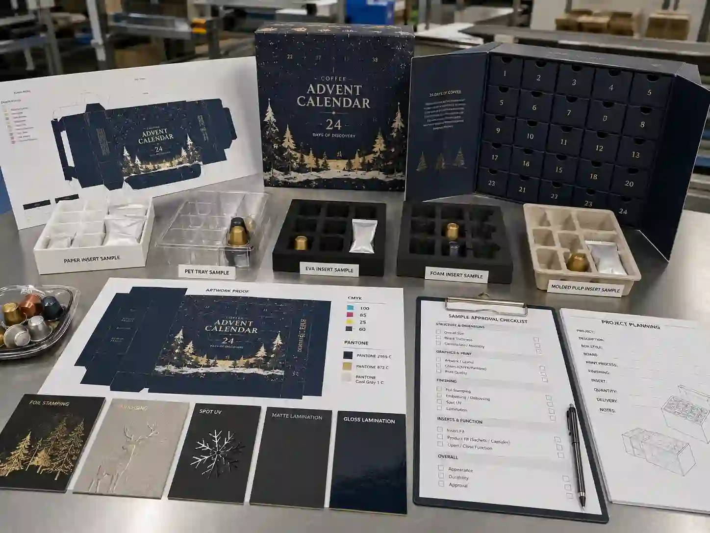 Coffee advent calendar box development table with dielines, material swatches, insert samples, artwork proof, and sample approval checklist.