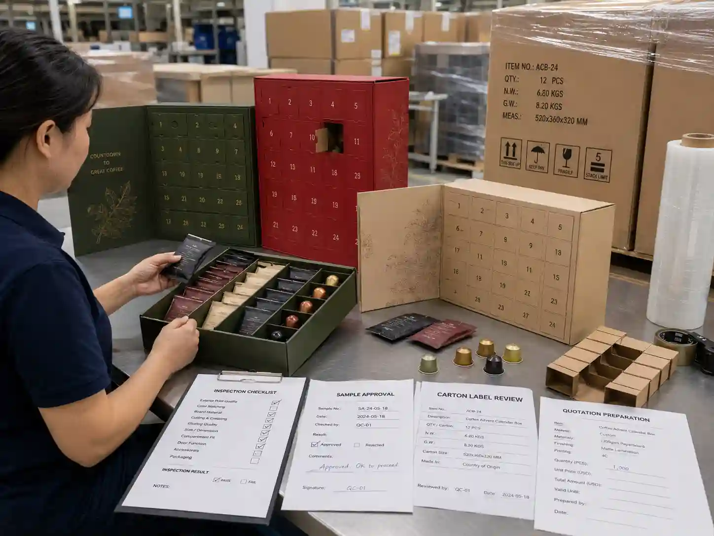 QC and export packing review for coffee advent calendar boxes with inspection checklist, sample approval notes, cartons, and pallet packing.