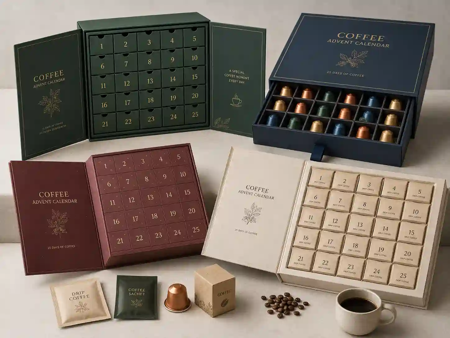 Finished coffee advent calendar boxes comparing rigid, drawer, folding carton, and book-style structures with sachets, capsules, pouches, and inserts