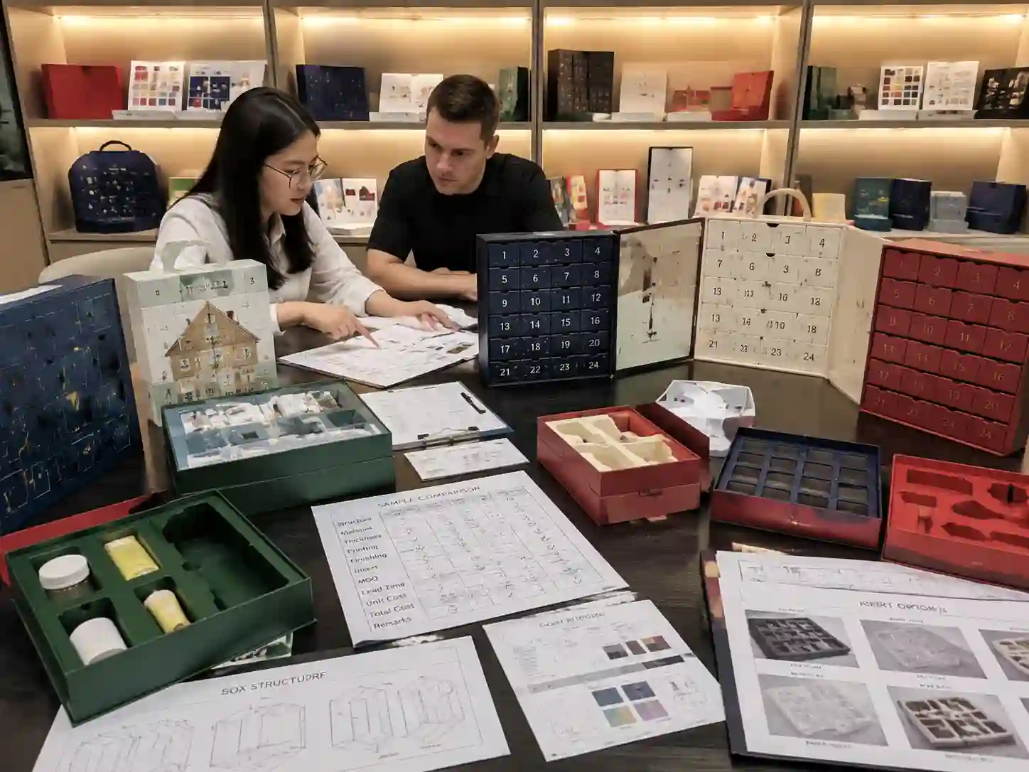 B2B buyer comparing custom advent calendar box structures and product-fit samples before sourcing from China