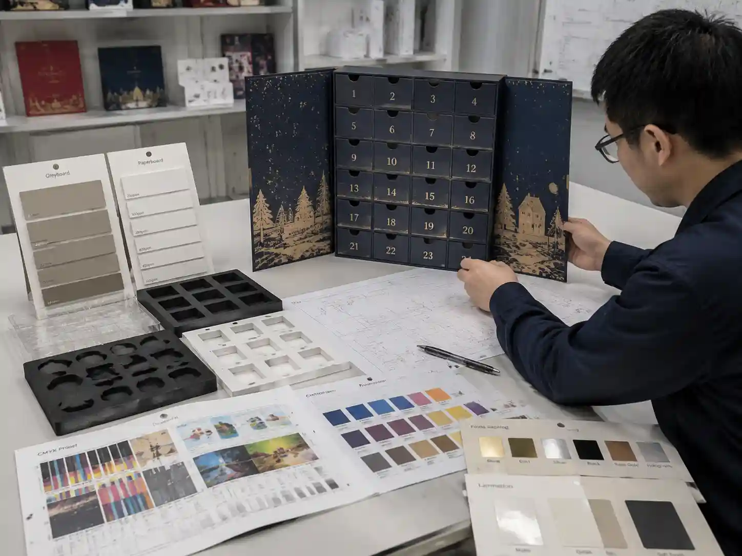 Packaging engineer reviewing advent calendar box prototypes, materials, inserts, and printing samples