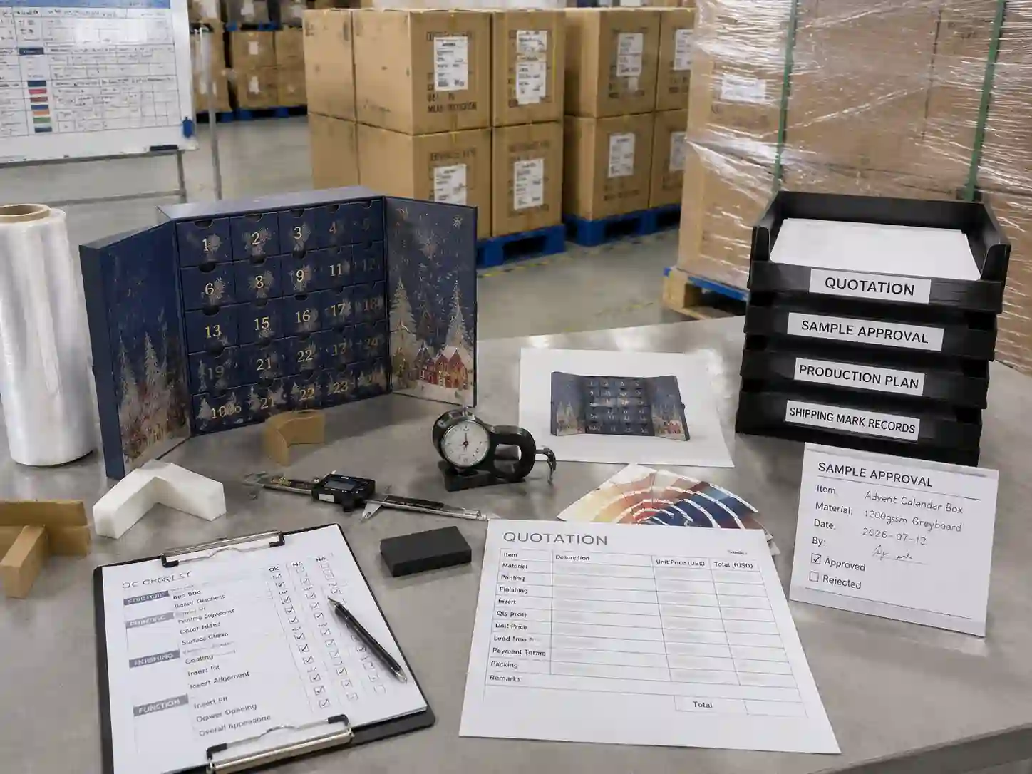 QC inspection and export packing preparation for custom advent calendar boxes before shipment
