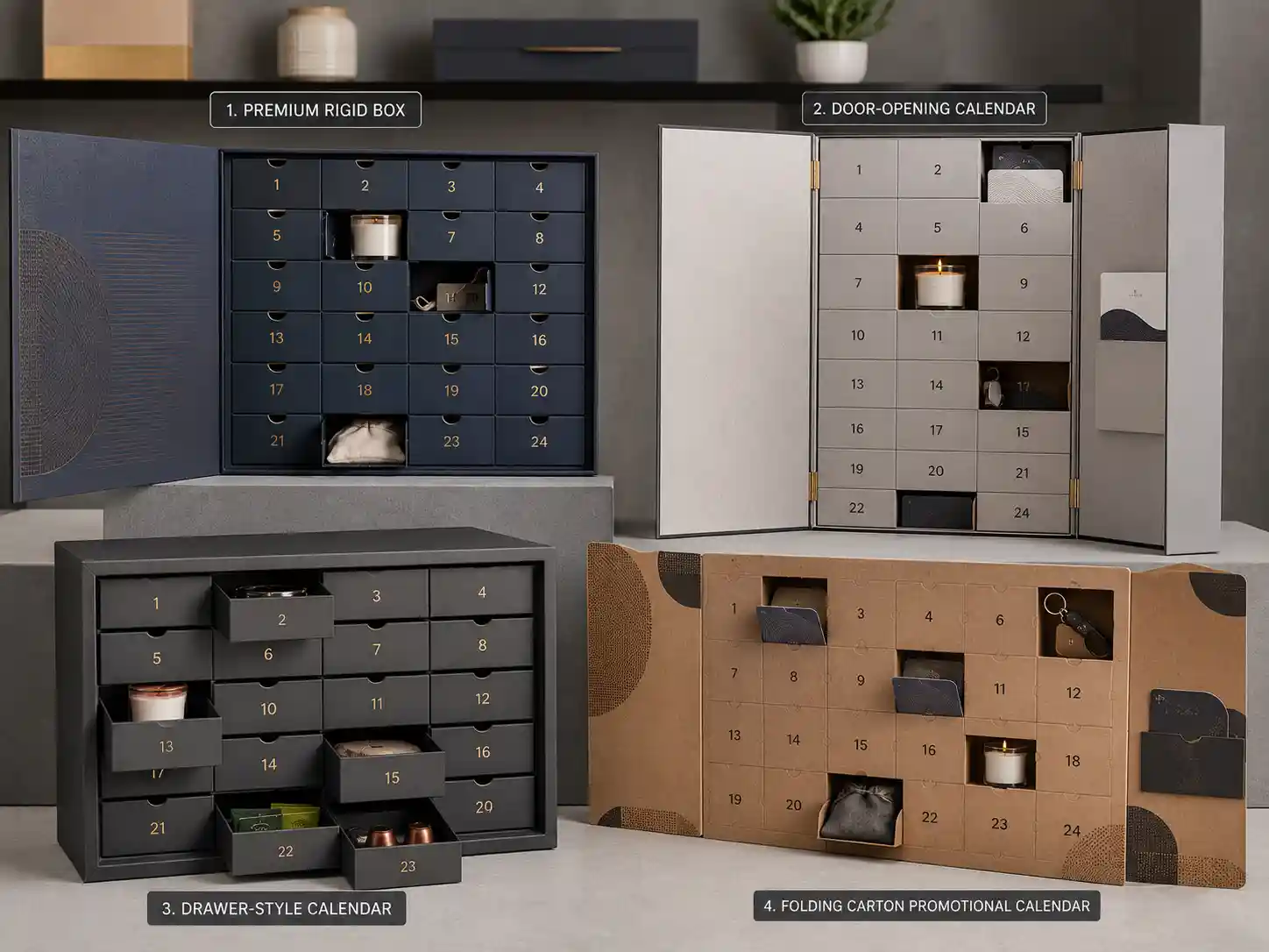 Corporate gift advent calendar boxes with rigid, drawer, door-opening, and folding carton sample structures for B2B buyers