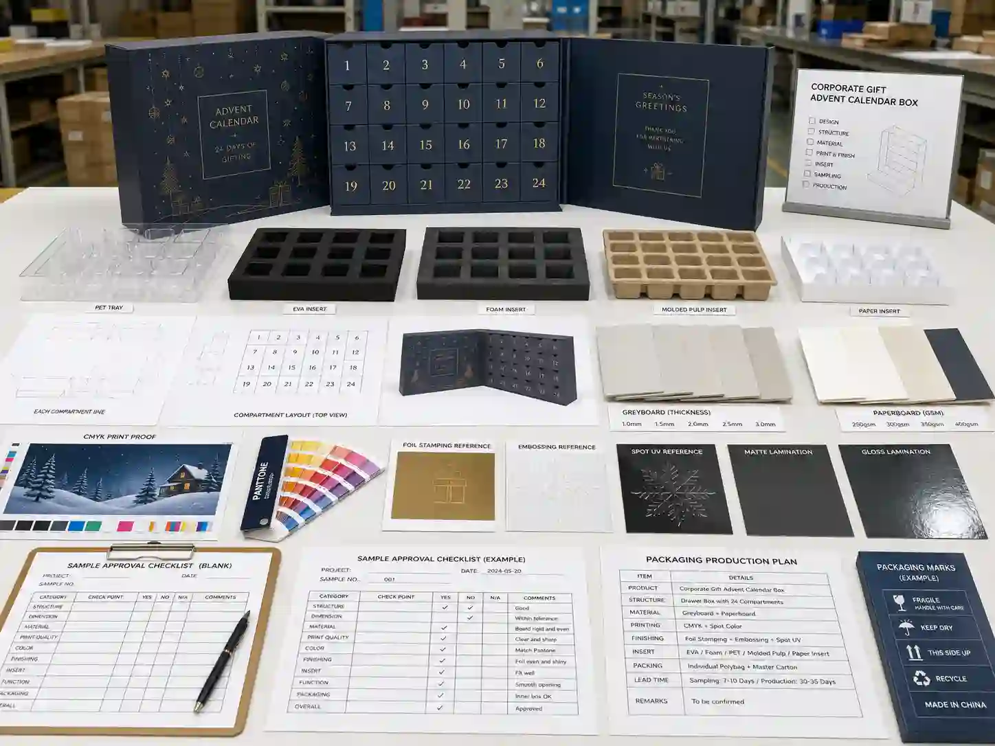 Corporate gift advent calendar box sampling table with dielines, material swatches, insert samples, and print proof checks